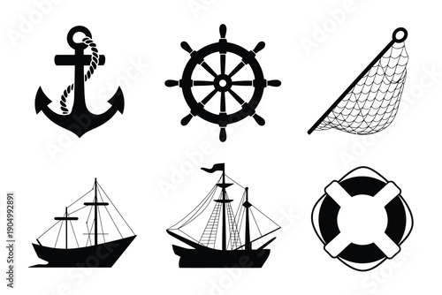 Iconic nautical symbols and maritime equipment illustrations isolated on white background, Vector, illustration