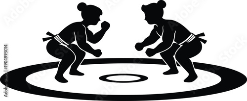 Sumo style silhouette two wrestlers crouching facing each other in dohyo ring low angle dramatic pose black vector art minimalist