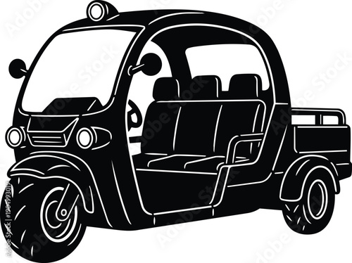 Line art side view three seat electric tuk tuk vector rickshaw with open cabin cargo bed low angle transport silhouette