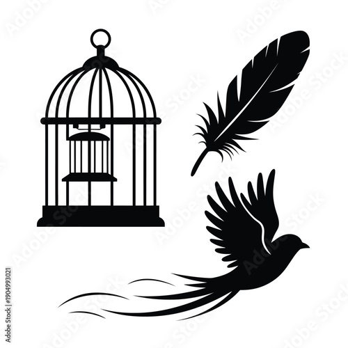 A bird in flight escapes from an ornate birdcage with a lone feather nearby isolated on white background, Vector, illustration