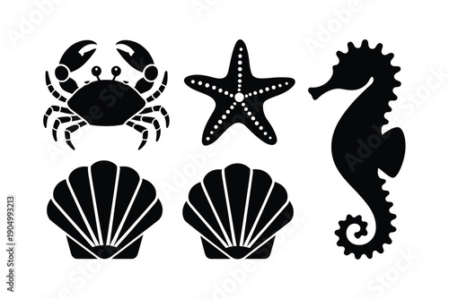 Black and white icons of ocean-themed marine creatures and shells isolated on white background, Vector, illustration