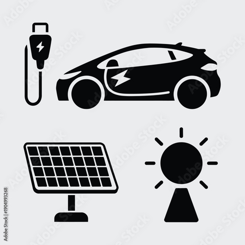 Sustainable energy sources and electric vehicle charging depicted in icons isolated on white background, Vector, illustration