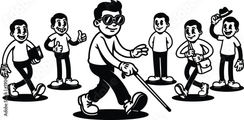 Retro cartoon fifties style blind man with sunglasses white cane walking through friendly crowd side view high contrast vector art