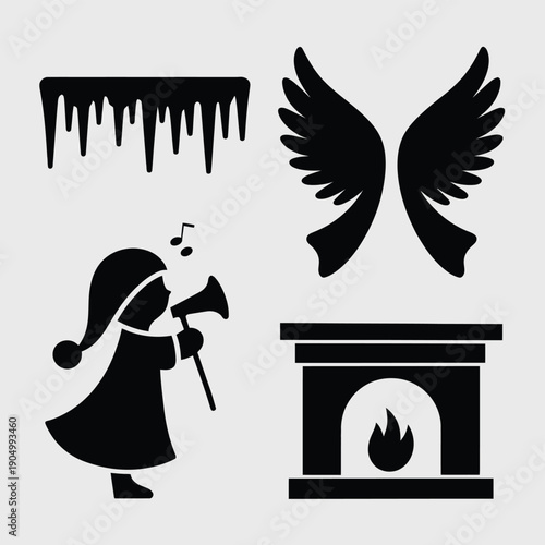 Mystical figure and symbolic elements in a minimalist black and white illustration isolated on white background, Vector, illustration