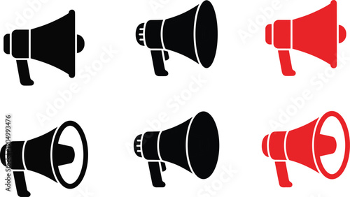 Megaphone and Bullhorn Icon Set in Black and Red Silhouettes for Marketing, Announcement, Protest, Alert, Advertising, and Global Communication Concept Design