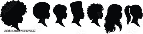 Diverse Black Women Profile Silhouettes and Male Head Shadows Featuring Natural Afro Hair, Curly Textures, Braids, and Modern Hairstyles for Beauty Design