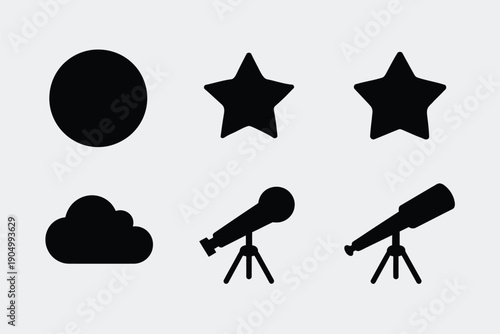 Collection of celestial and observational icons depicting space and astronomy themes isolated on white background, Vector, illustration