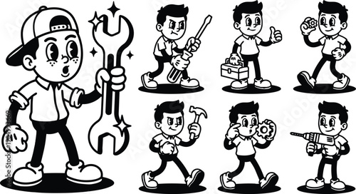 Retro cartoon 90s style mechanic boy set showing large sparkling wrench close up and playful repair actions in vector icon