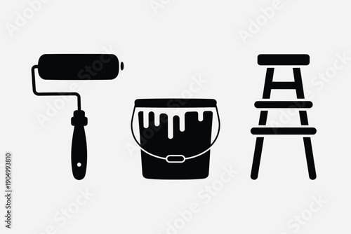 Essential tools for painting and wall preparation displayed in black and white isolated on white background, Vector, illustration