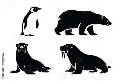 Silhouettes of four distinct cold-region animals in black and white contrast isolated on white background, Vector, illustration