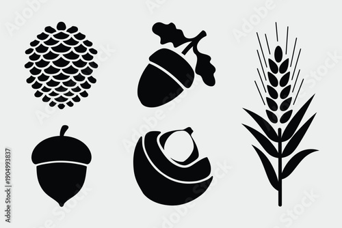 Black and white illustration of various nuts and grains in a minimalist style isolated on white background, Vector, illustration