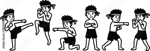Line art vector close up of young martial artist boy performing kicks punches and stances in sequence dynamic side view