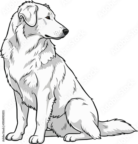 Slovak Cuvac dog sitting alert attentive looking back illustration