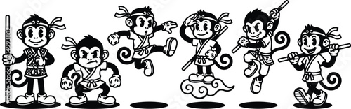 Tattoo flash vintage cartoon monkey lineup showing martial poses with staff cloud jumps playful expression black and white vector art