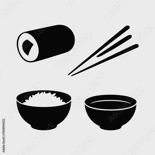Traditional japanese meal setup featuring rice, chopsticks, and nori roll isolated on white background, Vector, illustration