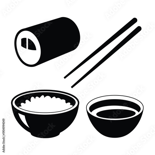 Traditional japanese meal featuring rice, maki roll, and soy sauce with chopsticks. isolated on white background, Vector, illustration