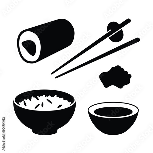 Traditional japanese meal set with rice, maki roll, and soy sauce isolated on white background, Vector, illustration