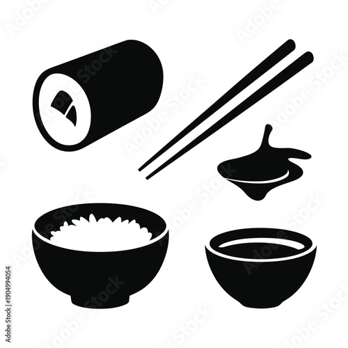 Traditional japanese meal set featuring rice, chopsticks, and maki roll isolated on white background, Vector, illustration