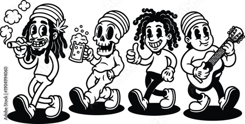 Tattoo flash walking reggae band characters smoking and drinking skull figure with guitar joyful stroll in bold black outline style