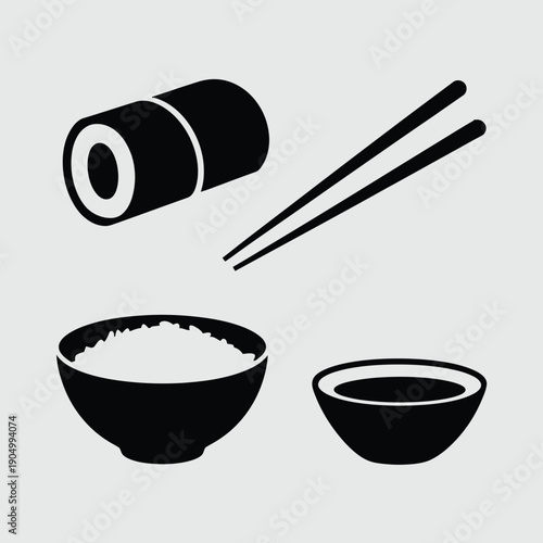 Traditional japanese meal featuring sushi, rice, and miso soup with chopsticks. isolated on white background, Vector, illustration