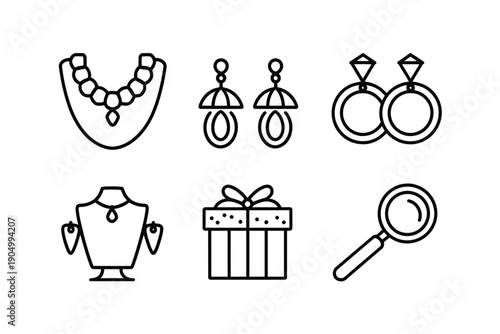 Assorted icons representing jewelry, gifts, and treasure hunting accessories isolated on white background, Vector, illustration