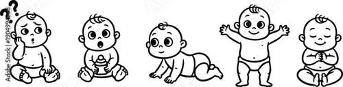 Line art cartoon five babies in varied poses sitting crawling standing smiling calm front view close up