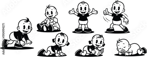 Retro cartoon 90s vector set of seven baby characters crawling sitting reading sleeping smiling thumbs up playful expressive black white