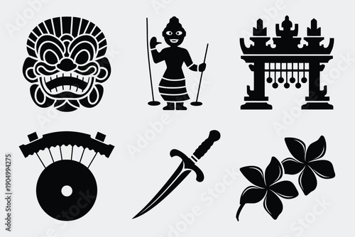 Symbolic icons representing traditional cultural and historical artifacts isolated on white background, Vector, illustration