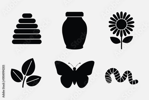 Collection of black and white icons representing nature and insects isolated on white background, Vector, illustration