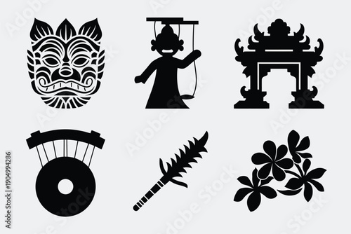 Traditional cultural symbols and musical instruments from east asian heritage isolated on white background, Vector, illustration