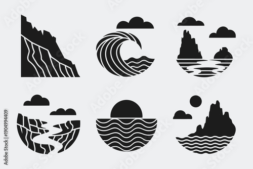 Black and white illustrations of various oceanic and coastal scenes isolated on white background, Vector, illustration