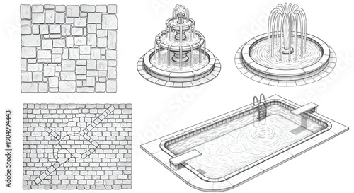 Top View Landscape Design Symbols Vector Set Featuring Paving Patterns, Fountain and Pool
