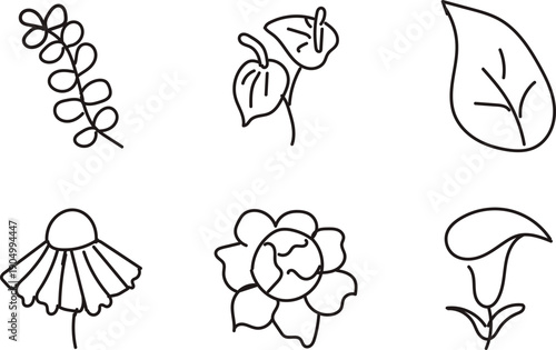 Collection of hand-drawn doodle flowers and leaves of illustration, minimalist botanical line art elements for design, simple floral icons set eps file