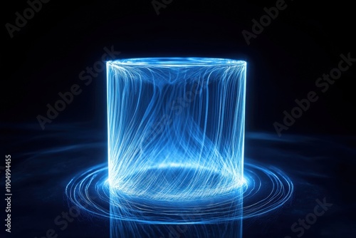 Visual representation of energy patterns in a glowing blue cylinder