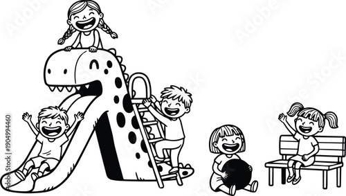 Line art playful scene children on dinosaur slide sliding climbing holding ball sitting on bench smiling happy playground daytime leisure