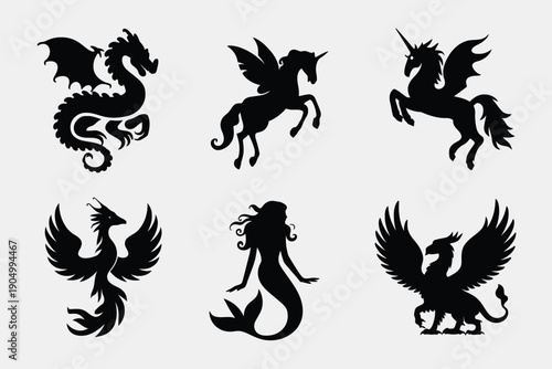 Mythical creatures silhouettes featuring dragons, griffins, and pegasus variants isolated on white background, Vector, illustration