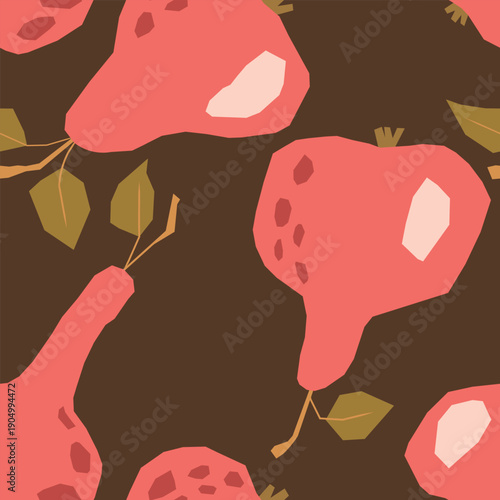 Seamless pattern with pear on color background. Natural delicious fresh ripe tasty fruit. Sweet pears with leaves. Food concept. Vector illustration for print, fabric, textile.