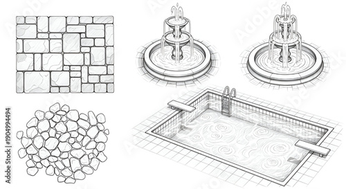 Top View Landscape Design Symbols Vector Set Featuring Paving Patterns, Fountain and Pool