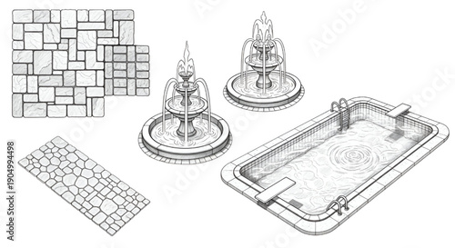 Top Down Flat Vector Landscape Elements Set with Paving, Fountain and Swimming Pool Symbols