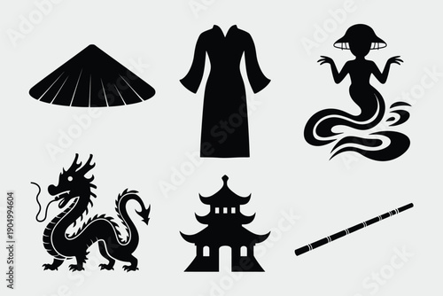 Traditional east asian symbols and cultural icons in silhouette style isolated on white background, Vector, illustration
