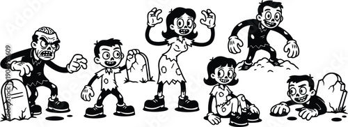 Tattoo flash retro cartoon halloween lineup of six playful zombies emerging from graves up smiling in black and white vector