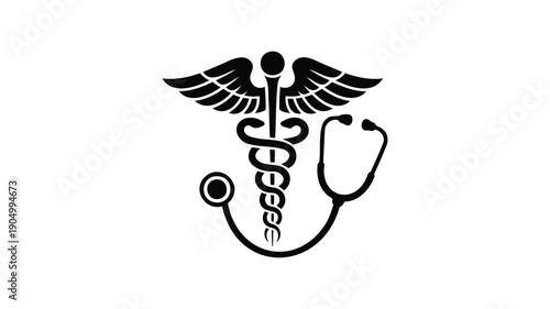 Black caduceus symbol with stethoscope on white background