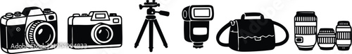 Flat design camera gear icons set row two cameras tripod flash bag and three lenses simple black minimalist vector illustration