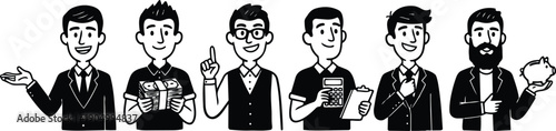 Line art seven male finance characters holding money calculator piggy bank clipboard smiling facing viewer wearing suits in flat style