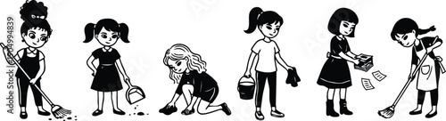 Line art close up group of six school girls cleaning sweeping picking up litter in classroom corridor outfits monochrome smiling