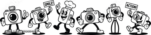Tattoo flash line art cheerful camera mascots marching with signs smile and action in playful retro cartoon style bold walking