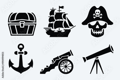 Collection of iconic pirate and nautical adventure symbols in black and white isolated on white background, Vector, illustration