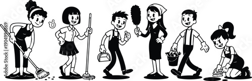 Retro cartoon line art group cleaning crew sweeping mopping dusting carrying bucket kneeling scrubbing in flat vector cheerful composition scene