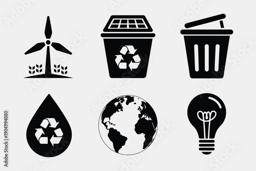 Symbols representing renewable energy, sustainability, and environmental conservation efforts isolated on white background, Vector, illustration
