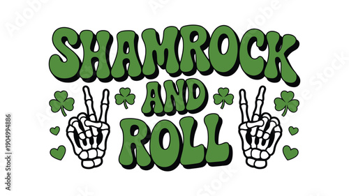 Green shamrock and roll text with skeleton hands